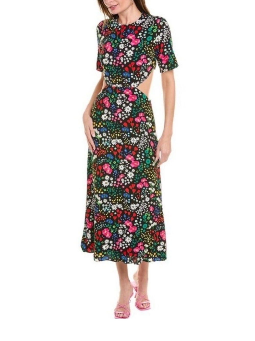 The Kooples Black Floral Cutout Midi Dress with Multicolor Blooms
